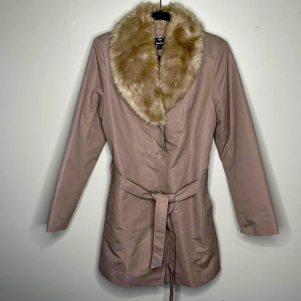 Dennis Basso Faux Fur Trim Coat Shawl Collar Neutral Beige Cream Mob Wife Sz‎ M